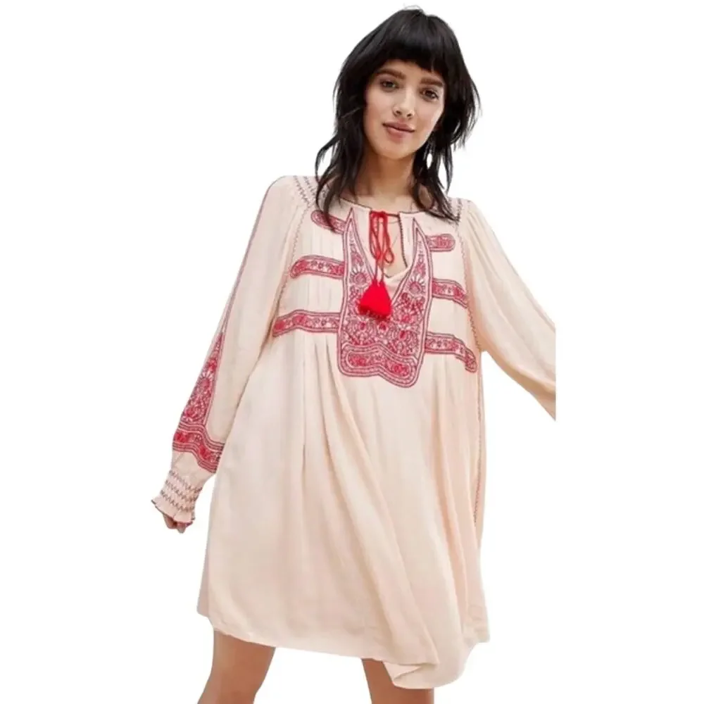 Free People Wind Willow Embroidered Boho Mini Peasant Tassel Indie Dress Size S